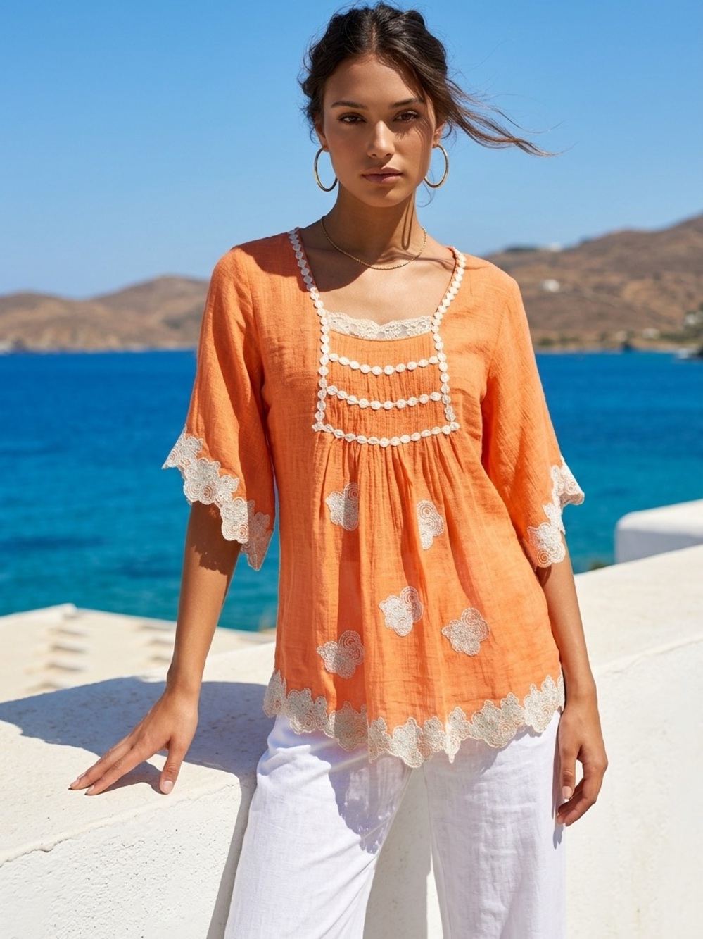 Esley Orange Boho Tunic with White Embroidered Trim Small